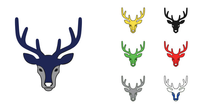 Collection of stylized deer heads in various vibrant colors and a large navy blue one