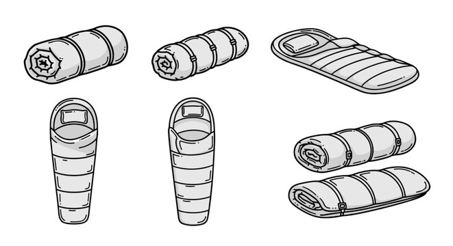 Collection of sleeping bags in various styles and states of readiness for outdoor adventures