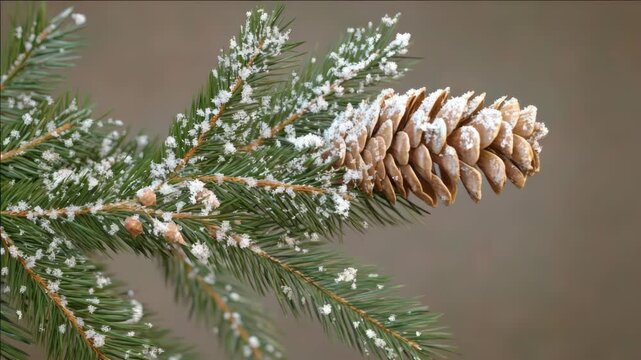 A close-up of a snow-covered pine needle branch with a textured surface, ideal for Christmas decorations.