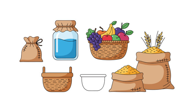 Collection of farm produce and containers including sacks of grain, fruit basket, and jar