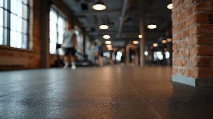 Obraz premium Low angle view of a spacious industrial loft gym interior with blurred figures engaged in workouts amidst brick walls and warm lighting