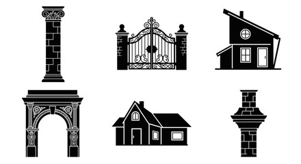 Obraz premium Collection of architectural elements and houses in silhouette, vector illustration
