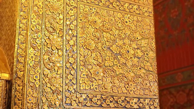 Wat Pho Temple Ornate Gold Pattern Wall Detail Close Up Bangkok