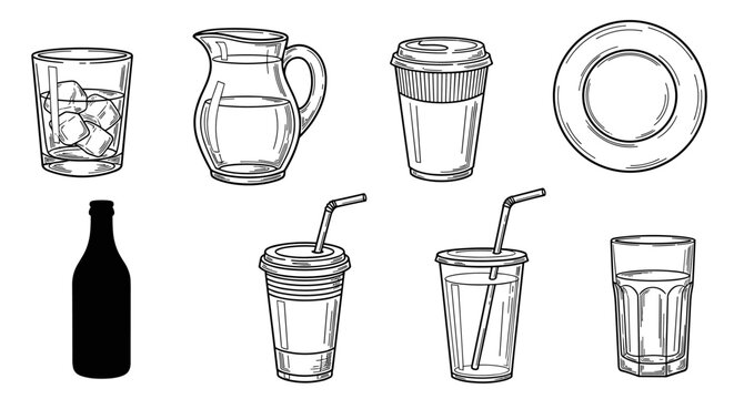 Collection of various drinkware and containers in a hand-drawn sketch style