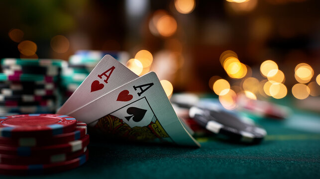 Close up of a pair of aces in hearts and clubs falling onto a green felt table surface with a stack of colorful casino chips nearby the cards captured mid landing at a slight