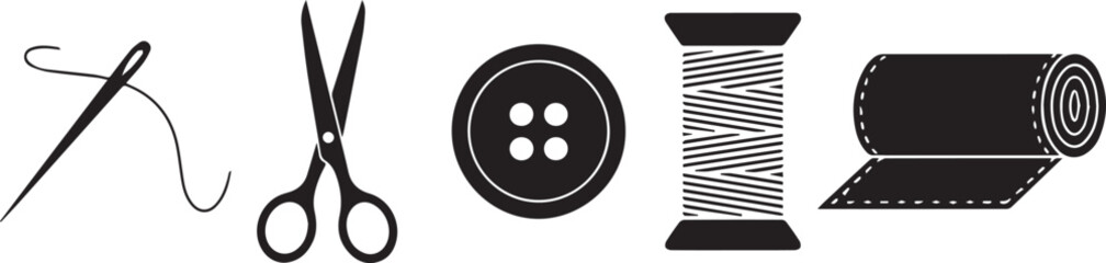 Obraz premium Sewing and tailoring icon set featuring needle with thread, spool, button, scissors and fabric roll, garment manufacturing symbols isolated on white background vector