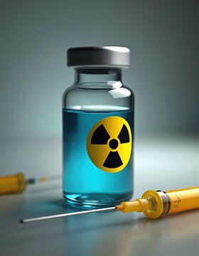 Radioactive symbol on medicine vial and syringe. Potential nuclear hazard substance for medical treatment or dangerous experiment. Radiation risk concept.