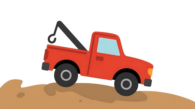 Red cartoon tow truck on sandy hill