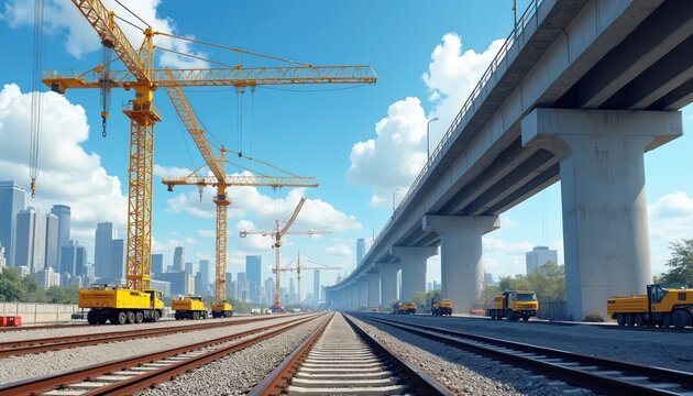 Yellow construction cranes tower over railway tracks and a massive concrete bridge. Trucks work on site in front of city skyscrapers under blue sky with clouds. Urban development project progress.