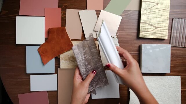 Close up of hands choosing color samples and textures for interior design planning