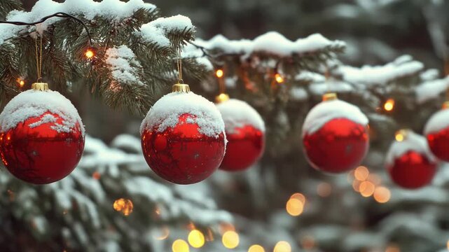 A string of red ornaments lit up, hanging from a branched tree during the winter. Snow-covered evergreen branches create a festive atmosphere.