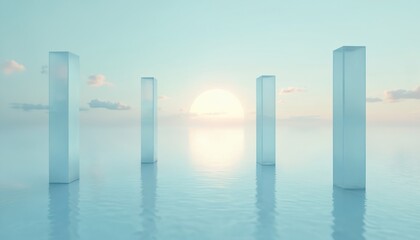 Fototapeta premium Four translucent pillars rise from calm blue water surface under soft pastel sky. Sun appears between two pillars, light reflects on water. Minimalist background scene.
