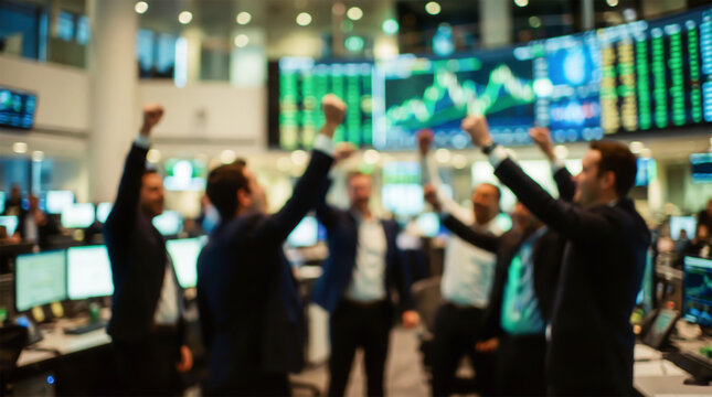 Defocused background showing stockbrokers who are celebrating a successful deal or market growth on the trading floor