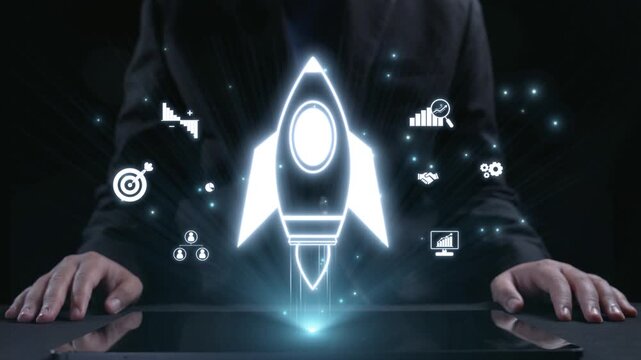 A conceptual image showing a businessman interfacing with a glowing rocket icon and various digital symbols, highlighting themes of innovation, growth, and technology. Qubit