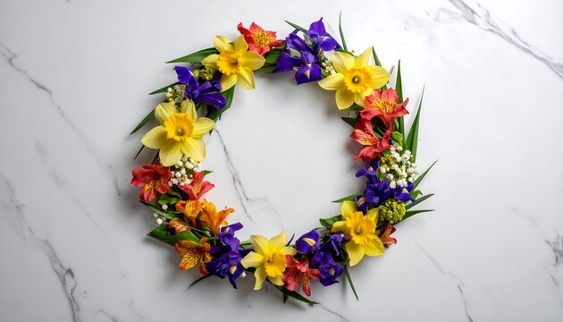 A vibrant, circular floral arrangement featuring daffodils, irises, and other colorful blooms. It rests on a white, marbled surface
