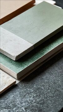 Collection of colorful rectangular tile samples for interior decoration or construction projects.