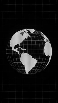 Retro CRT vertical animation of abstract white-gray planet Earth isolated on a black background. Suitable for educational, business films, modern explainers, digital concept or infographics