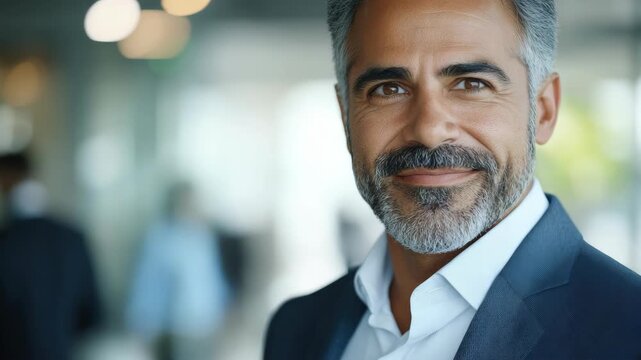 A professional man in a suit with a beard and mustache smiling for the camera.