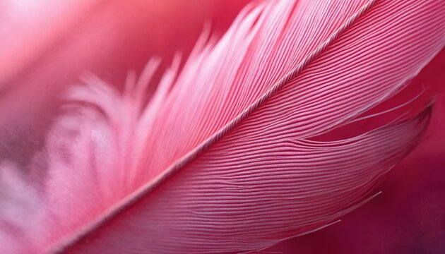 Macro view of vibrant pink feather. Intricate barbules create fine lines on smooth shaft. Soft background blurs into bokeh. Elegant avian detail.