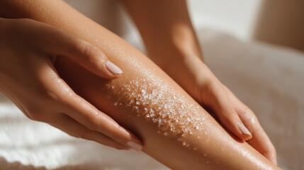 Naklejka premium Woman applying body scrub with sea salt spa skincare exfoliation treatment