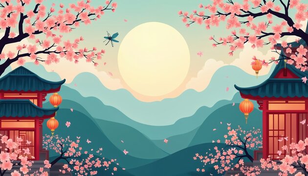 Chinese traditional architecture with cherry blossoms during spring festival. Full moon shines over tranquil landscape with dragonfly and paper lanterns.