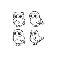 Obraz premium Four cute cartoon owls standing in simple line art style