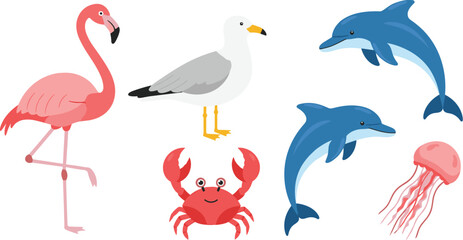 Obraz premium Marine and Coastal Animal Collection with Flamingo, Seagull, Dolphins, Crab, and Jellyfish Cartoon Vector Illustration Set