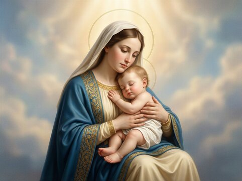 Retrato sereno da Virgem Maria segurando o Menino Jesus