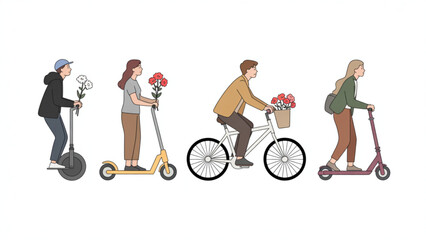 Set of People Using Eco-Friendly Urban Transportation Including Electric Scooters Bicycle and Unicycle for Green City Commuting Concept Flat Vector Illustration © Mousumi