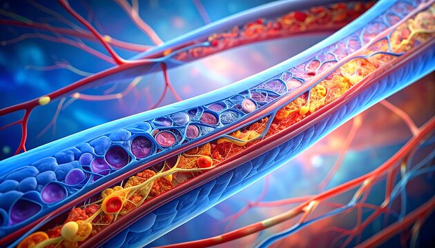A vibrant, close-up rendering visualizes blood vessels. Sections showcase detailed structures, highlighting internal components and fluid flow