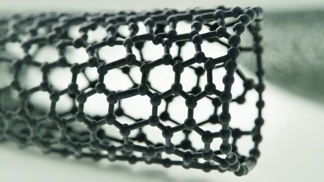 Carbon nanotube molecular structure forming a cylindrical lattice, representing advanced graphene technology and scientific research in microscopic chemistry