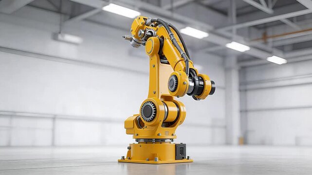 Yellow industrial robotic arm in modern factory setting, showcasing automation, precision engineering, and smart manufacturing technology
