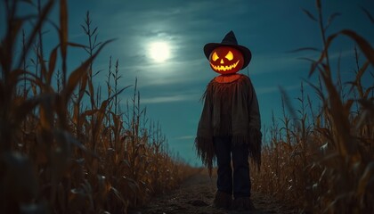 Fototapeta premium Scarecrow with pumpkin head and hat stands in cornfield at night. Full moon shines on spooky autumn scene. Halloween fright and harvest atmosphere.