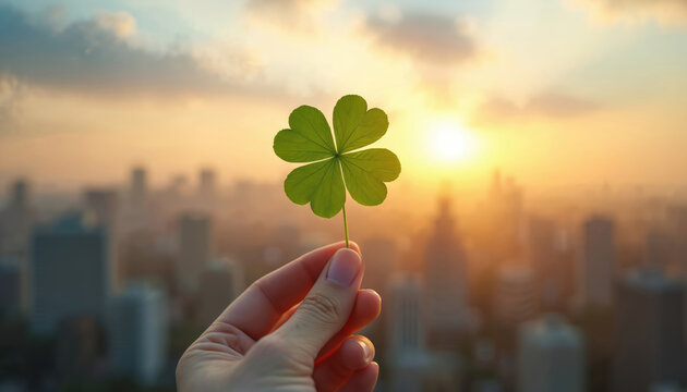 Hand holds four leaf clover over city buildings at sunset. Symbol of good luck, fortune, and hope in urban environment. Positive outlook for future success.