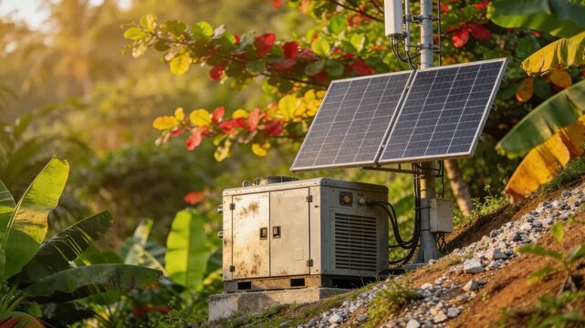 Medium shot capturing solar array and backup generator at a hillside telecom site vivid tropical foliage surrounding equipment in soft focus.