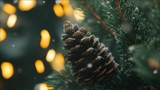 Close-up of a lit pinecone as a Christmas tree decoration, surrounded by softly blurred lights and snow. Warm, holiday ambiance.