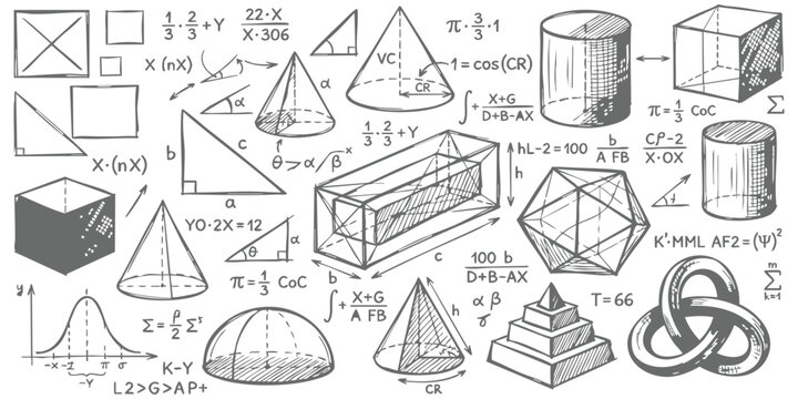 Hand-drawn mathematical formulas and geometric shapes sketch background with 3D figures, algebra equations and scientific diagrams vector illustration