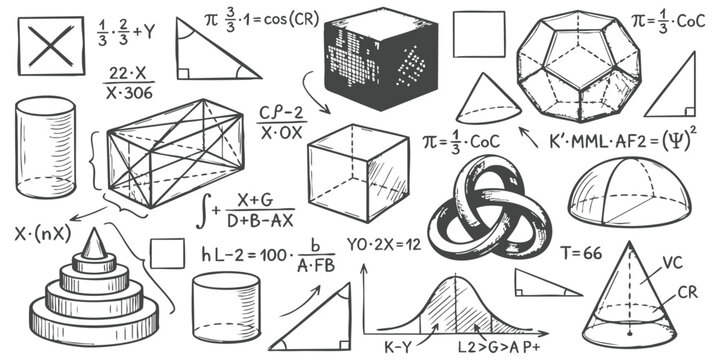 Hand-drawn mathematical formulas and geometric shapes doodle background with equations, cubes, and triangles in a sketch style vector illustration