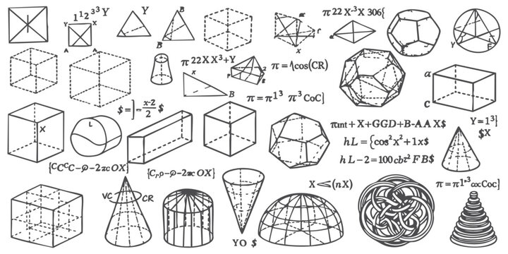 Hand drawn geometric shapes and mathematical formulas doodle collection with cubes pyramids and equations vector illustration on white background
