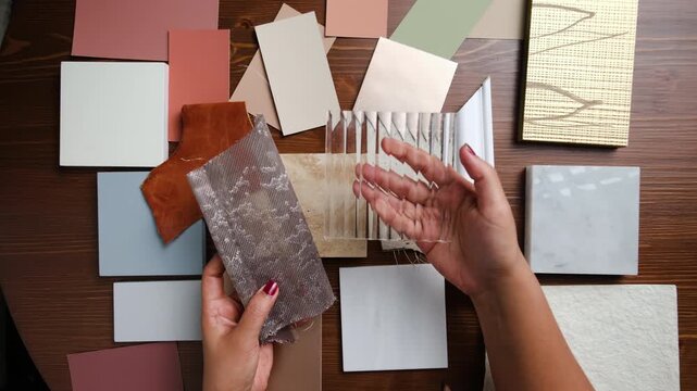 Client and designer reviewing architectural designs of apartment and interior materials for project planning, top view stock video