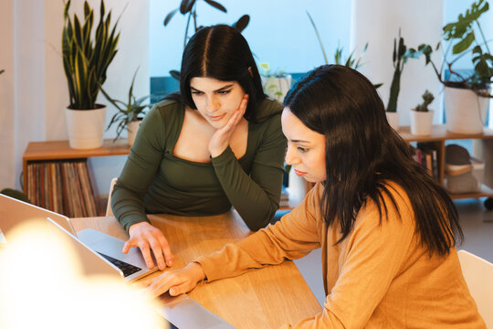 Two women collaborate on a project, intently focused on their laptops at a wooden desk, surrounded by plants and shelves.