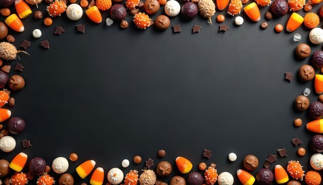 Assortment of Halloween candies border on dark background. Includes candy corn chocolates and festive sweets. Orange yellow and purple treats arranged for party. Seasonal fall dessert snacks.