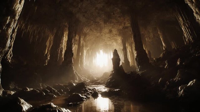 Massive Limestone Cave with Stalactites and Volumetric Light, Cinematic Natural Landscape Background