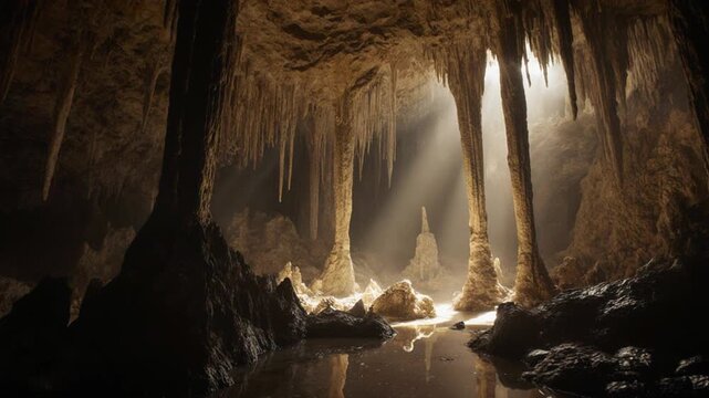 Massive Limestone Cave with Stalactites and Volumetric Light, Cinematic Natural Landscape Background