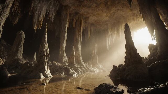 Massive Limestone Cave with Stalactites and Volumetric Light, Cinematic Natural Landscape Background