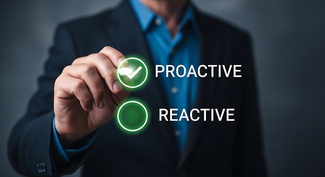 Businessman selecting proactive option with glowing green checkmark suit blue shirt hand finger