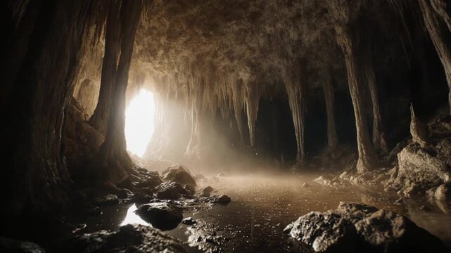 Massive Limestone Cave with Stalactites and Volumetric Light, Cinematic Natural Landscape Background