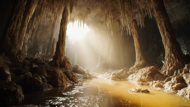 Massive Limestone Cave with Stalactites and Volumetric Light, Cinematic Natural Landscape Background