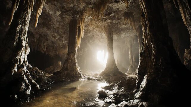 Massive Limestone Cave with Stalactites and Volumetric Light, Cinematic Natural Landscape Background