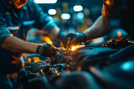 Selective focus workshop environment showing teamwork and efficient car servicing
